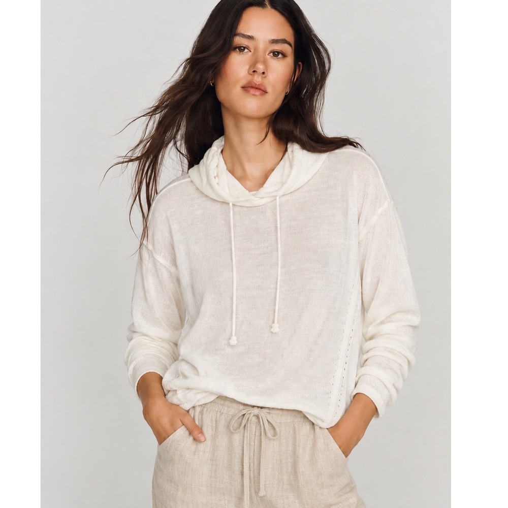 Tahari 100% Linen Knit White Hooded Pullover Sweater Size M Pointelle